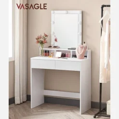 Rootz White Toiletbord med spejl - Sminkebord - Makeupbord - Spånpladekonstruktion - 2 skuffer - 3 rum - Hævet hylde - Pærer - Nem makeup-rutine - Bør | Fyndiq