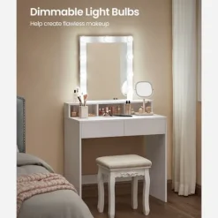 Rootz White Toiletbord med spejl - Sminkebord - Makeupbord - Spånpladekonstruktion - 2 skuffer - 3 rum - Hævet hylde - Pærer - Nem makeup-rutine - Bør | Fyndiq