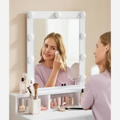 Rootz White Toiletbord med spejl - Sminkebord - Makeupbord - Spånpladekonstruktion - 2 skuffer - 3 rum - Hævet hylde - Pærer - Nem makeup-rutine - Bør | Fyndiq