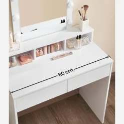 Rootz White Toiletbord med spejl - Sminkebord - Makeupbord - Spånpladekonstruktion - 2 skuffer - 3 rum - Hævet hylde - Pærer - Nem makeup-rutine - Bør | Fyndiq