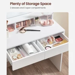 Rootz White Toiletbord med spejl - Sminkebord - Makeupbord - Spånpladekonstruktion - 2 skuffer - 3 rum - Hævet hylde - Pærer - Nem makeup-rutine - Bør | Fyndiq