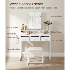 Rootz White Toiletbordsæt - Sminkebord - Makeupbord - Spånplade stålglas - Kunstlæderskumgummi - 40 cm x 90 cm x 141 cm - 28,6 cm x 42 cm x 42,5 cm - | Fyndiq