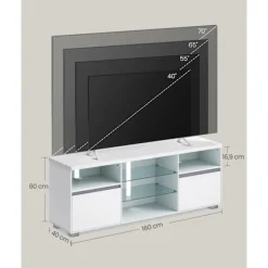 Rootz White TV Stand - Underholdningscenter - Mediekonsol - Spånplade - Hærdet glas - 40 cm x 160 cm x 60 cm - 37,2 kg - 40 kg Max bordpladebelastning | Fyndiq