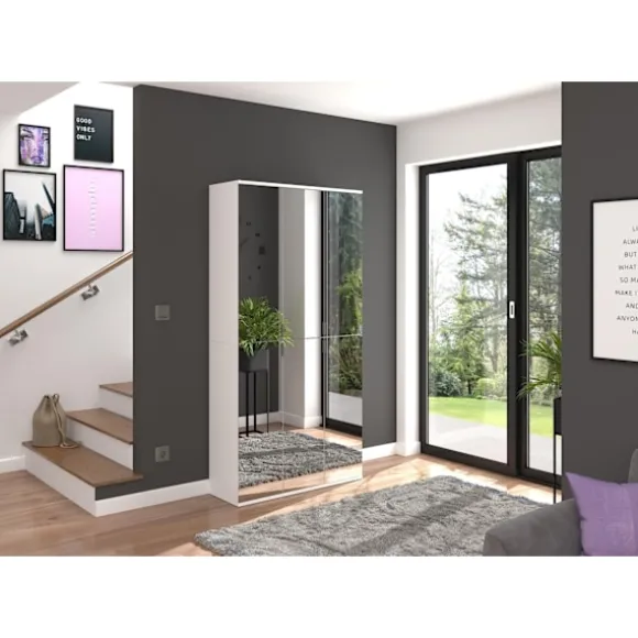 Rootz Wood Material High Gloss White Garderobe Mirror Set - Shoe Rack - Entryway Hallway Furniture - Sustainable FSC Certified - 91 cm x 193 cm
