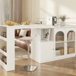 Roterende barbord 360°, 120x40x97 cm med glaslåge, multifunktionelt opbevaringsskab, hvid White