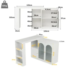 Roterende barbord 360°, 120x40x97 cm med glaslåge, multifunktionelt opbevaringsskab, hvid White