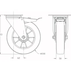 Roulette - Sæt af 4 - 200mm - Sort elastisk gummi - Bremse og fastlåse Svart