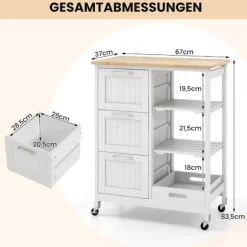 Rullende køkkenø-vogn med 2-lags opbevaring, hvid