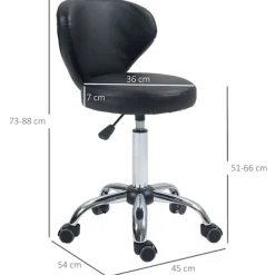 Rullende skammel massagestol - roterende arbejdsskammel 360° - højdejusterbart sæde 49-64H cm, ergonomisk ryglæn - forkromet metal i betræk af sort ku | Fyndiq