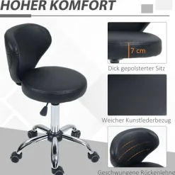 Rullende skammel massagestol - roterende arbejdsskammel 360° - højdejusterbart sæde 49-64H cm, ergonomisk ryglæn - forkromet metal i betræk af sort ku | Fyndiq