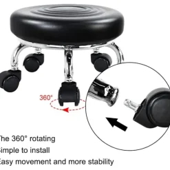 Rullesæde Læder Lav Rund Rullende Skammel med Hjul Hjemmekontor Garage Værksted Fitness Sport, 24cm (Sort)