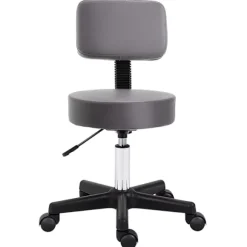 Rulleskammel, højdejusterbar arbejdsskammel med ryglæn, roterende salontaburet til massagekontor, kunstlæder, grå, diameter 35 x 72-84 cm