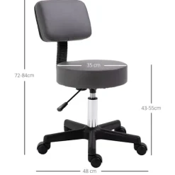 Rulleskammel, højdejusterbar arbejdsskammel med ryglæn, roterende salontaburet til massagekontor, kunstlæder, grå, diameter 35 x 72-84 cm