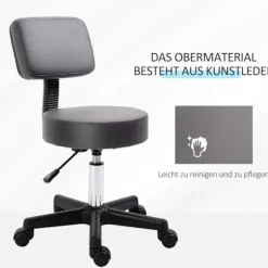 Rulleskammel, højdejusterbar arbejdsskammel med ryglæn, roterende salontaburet til massagekontor, kunstlæder, grå, diameter 35 x 72-84 cm