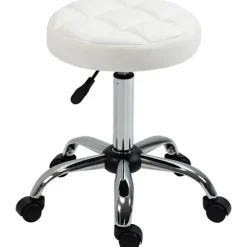 Rulleskammel, højdejusterbar arbejdsskammel, roterende salontaburet til kontor, massage, kunstlæder, hvid, diameter 35,5 x 51-67 cm