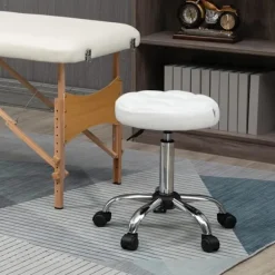 Rulleskammel, højdejusterbar arbejdsskammel, roterende salontaburet til kontor, massage, kunstlæder, hvid, diameter 35,5 x 51-67 cm