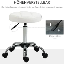 Rulleskammel, højdejusterbar arbejdsskammel, roterende salontaburet til kontor, massage, kunstlæder, hvid, diameter 35,5 x 51-67 cm