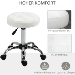 Rulleskammel, højdejusterbar arbejdsskammel, roterende salontaburet til kontor, massage, kunstlæder, hvid, diameter 35,5 x 51-67 cm