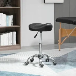 Rulleskammel, højdejusterbar arbejdsskammel med hjul, roterende salontaburet til massage, kunstlæder, sort, 48 x 48 x 54-69 cm