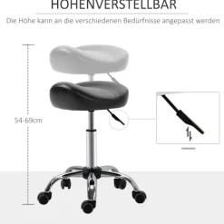 Rulleskammel, højdejusterbar arbejdsskammel med hjul, roterende salontaburet til massage, kunstlæder, sort, 48 x 48 x 54-69 cm