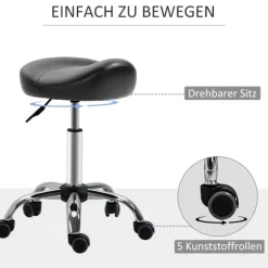Rulleskammel, højdejusterbar arbejdsskammel med hjul, roterende salontaburet til massage, kunstlæder, sort, 48 x 48 x 54-69 cm