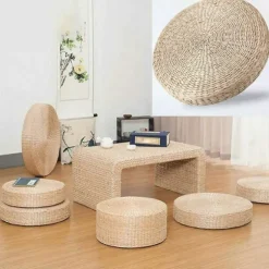 Rund Halm Stol Måtte Græs Pude Beige Håndlavet Vævet Gulvpude Måtte Yoga Tatami Indretning 40x