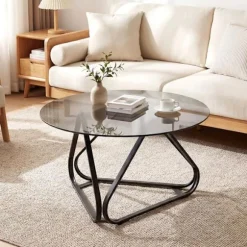 Rund Lavbord 80 cm COSTWAY, Plade i Hærdet Glas, Metalben i V-form, Justerbare Fødder, Sort Sofabord Sort