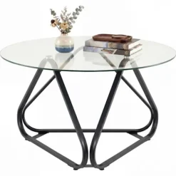 Rund Lavbord 80 cm COSTWAY, Plade i Hærdet Glas, Metalben i V-form, Justerbare Fødder, Sort Sofabord Sort