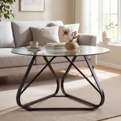 Rund Lavbord 80 cm COSTWAY, Plade i Hærdet Glas, Metalben i V-form, Justerbare Fødder, Sort Sofabord Sort