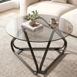 Rund Lavbord 80 cm COSTWAY, Plade i Hærdet Glas, Metalben i V-form, Justerbare Fødder, Sort Sofabord Sort