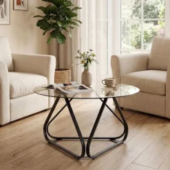 Rund Lavbord 80 cm COSTWAY, Plade i Hærdet Glas, Metalben i V-form, Justerbare Fødder, Sort Sofabord Sort