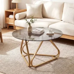Rund Lavbord 80cm COSTWAY, Plade i Hærdet Glas, Metalben i V-form, Justerbare Fødder, Stue- og Kontorbord i Guld Eller