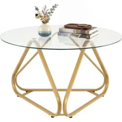 Rund Lavbord 80cm COSTWAY, Plade i Hærdet Glas, Metalben i V-form, Justerbare Fødder, Stue- og Kontorbord i Guld Eller