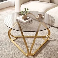 Rund Lavbord 80cm COSTWAY, Plade i Hærdet Glas, Metalben i V-form, Justerbare Fødder, Stue- og Kontorbord i Guld Eller