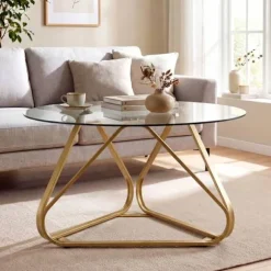 Rund Lavbord 80cm COSTWAY, Plade i Hærdet Glas, Metalben i V-form, Justerbare Fødder, Stue- og Kontorbord i Guld Eller