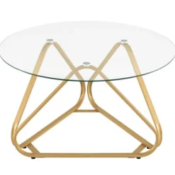Rund Lavbord 80cm COSTWAY, Plade i Hærdet Glas, Metalben i V-form, Justerbare Fødder, Stue- og Kontorbord i Guld Eller