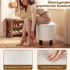 Rund linnedpuf med opbevaring, beige, Ø38 cm
