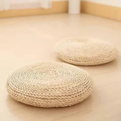Rund Natur Puf Vævning Pude Fyld Silke Floss Pude Blød Yoga Stol Måtte Vinduespude(b)