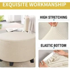 Rund Ottoman Betræk Jacquard Stræk Puff Betræk, Fodskammel Betræk Møbelbeskytter Skammel Betræk med Elastisk Bund