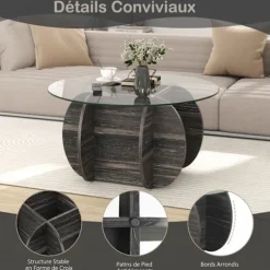 Rund Salontabel 89 cm COSTWAY, Overflade af hærdet glas, Base i massivt træ, Skjult opbevaringsrum, Maksimal belastning 100 kg Mörk rustik ek