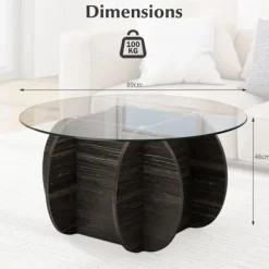 Rund Salontabel 89 cm COSTWAY, Overflade af hærdet glas, Base i massivt træ, Skjult opbevaringsrum, Maksimal belastning 100 kg Mörk rustik ek