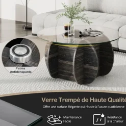 Rund Salontabel 89 cm COSTWAY, Overflade af hærdet glas, Base i massivt træ, Skjult opbevaringsrum, Maksimal belastning 100 kg Mörk rustik ek