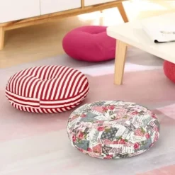 Rund siddepude, bomuldslinned tatami pude, tykke bløde stolepuder til kontorstolepuder, rødhvid, 45 cm (18 tommer)