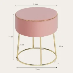 Rund skammel fodskammel lavet af fløjl med metalben, polstret dressing skammel, kan holde op til 150 kg, pink