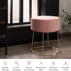 Rund skammel fodskammel lavet af fløjl med metalben, polstret dressing skammel, kan holde op til 150 kg, pink