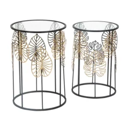 Runde glasborde, sort metal, bladgulddesign