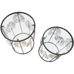 Runde glasborde, sort metal, bladgulddesign