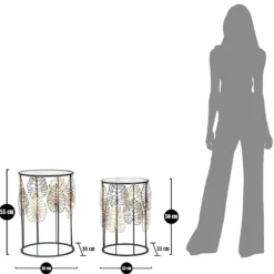Runde glasborde, sort metal, bladgulddesign