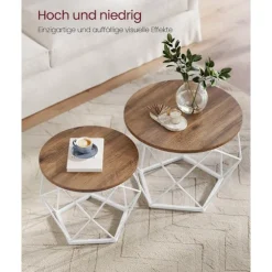 Runde Sofaborde, 2 Sideborde, Aftagelig Bordplade, Stålramme, Honningbrun og Skyhvid