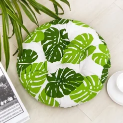 Runde stolpude, bomuld og linned sædepuder til indendørs og udendørs brug (skildpadde blad, diameter 45 cm)